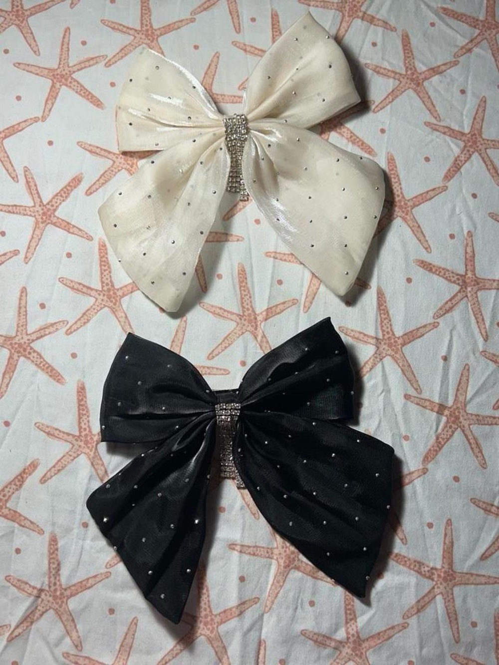 Sparkle Bow Hair Clips with Rhinestone Tassels — Black & White Rhinestone Accent